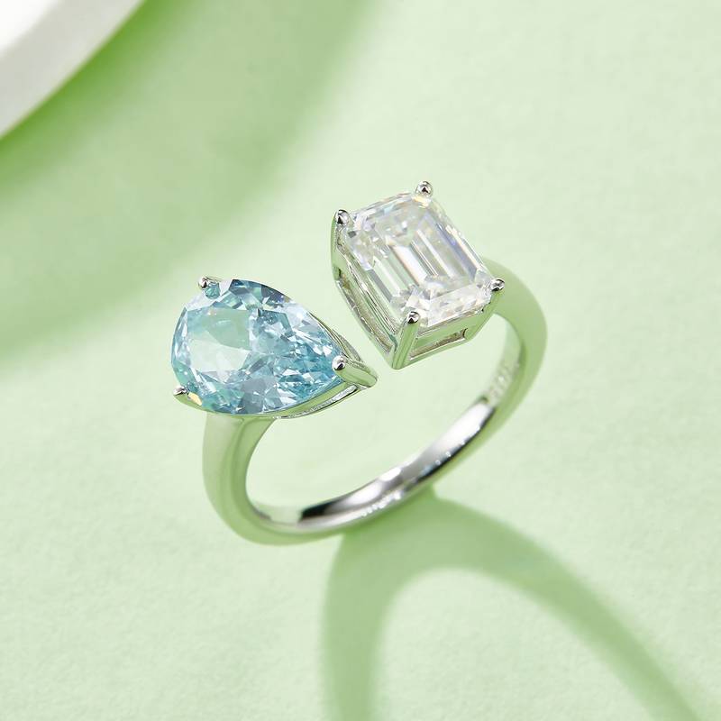梨形冰花切AND长方MoissaniteS925银镀白金Women's Ring2ctD级